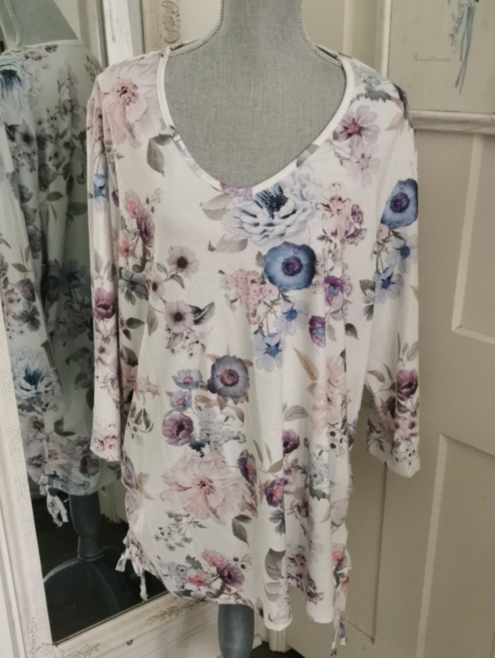 Iyla Watercolor Cottagecore Floral V-neck Top Pastel Flowers/ side ties 3X